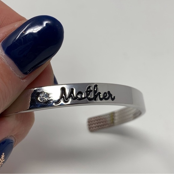 Mother Silver Toned with Rhinestone Sparkle Classic Cuff Bracelet - Picture 5 of 10